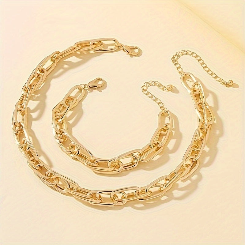 2tlg. Elegantes Goldenes Buck-Ketten-Halsketten- & Armband-Set