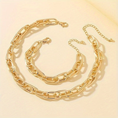 2tlg. Elegantes Goldenes Buck-Ketten-Halsketten- & Armband-Set