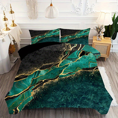 2-teiliges Bettwäsche-Set mit Grün-Goldenem Marmor, Weich & Bequem