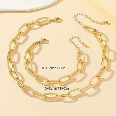 2tlg. Elegantes Goldenes Buck-Ketten-Halsketten- & Armband-Set