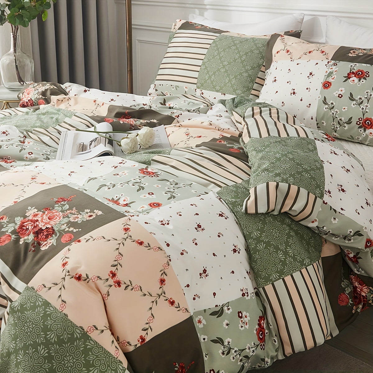 3-teiliges Bettwäsche Set – Kariertes Blumenmuster, Weich & Atmungsaktiv, Chemiefaser