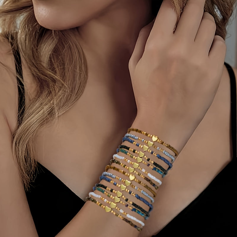 14er-Set Y2K Boho Herz & Harzperlen Armbänder – Stapelbar, Valentinstag Geschenk