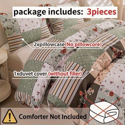 3-teiliges Bettbezug-Set mit Blumenmuster – Weiches Polyester, Reißverschluss, King-Size