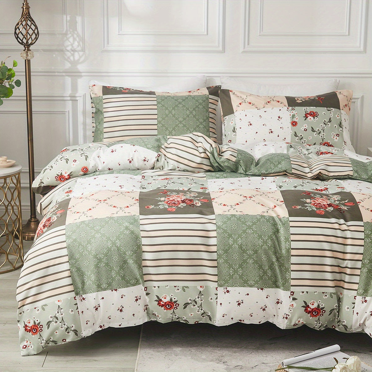 3-teiliges Bettwäsche Set – Kariertes Blumenmuster, Weich & Atmungsaktiv, Chemiefaser