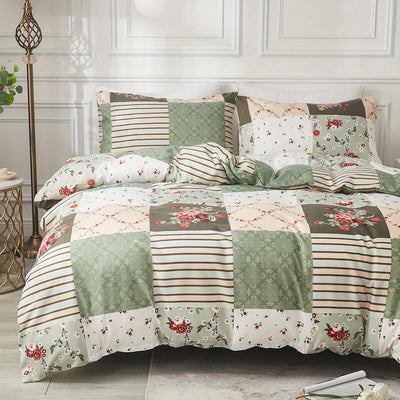 3-teiliges Bettwäsche Set – Kariertes Blumenmuster, Weich & Atmungsaktiv, Chemiefaser