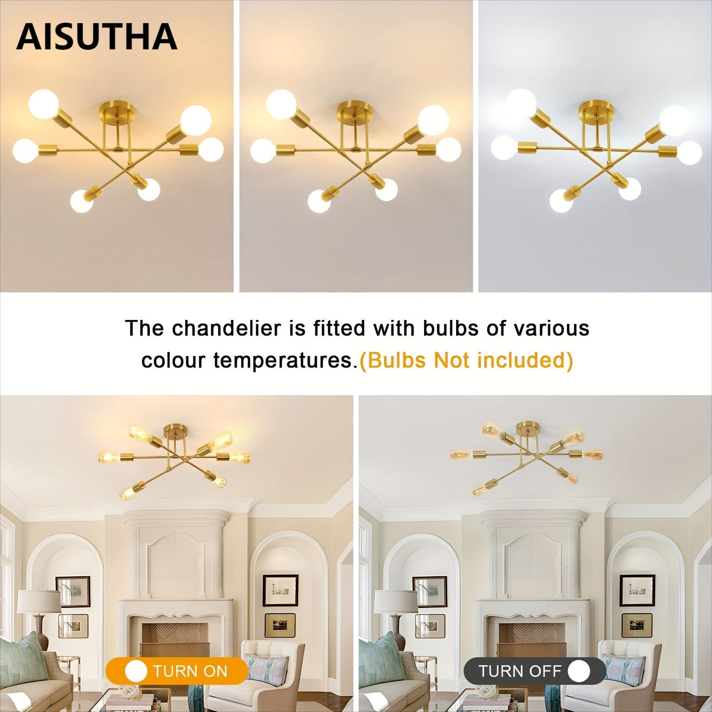 6-flammiger Kronleuchter Schwarz-Gold, Minimalistisches Design für Küche