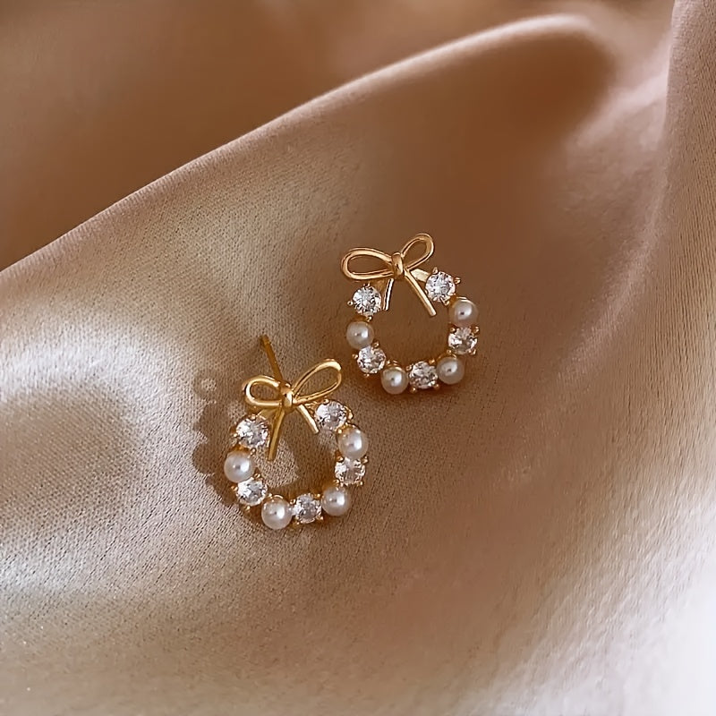 1 Paar Boho-Stil Zirconia & Perlen Schleifenohrringe, Damen Mode-Ohrringe