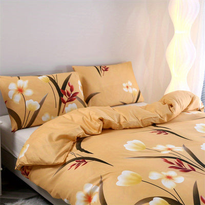 3-teiliges Bettbezug-Set – Gebürstetes Polyester, Blumenmuster, Hautfreundlich,