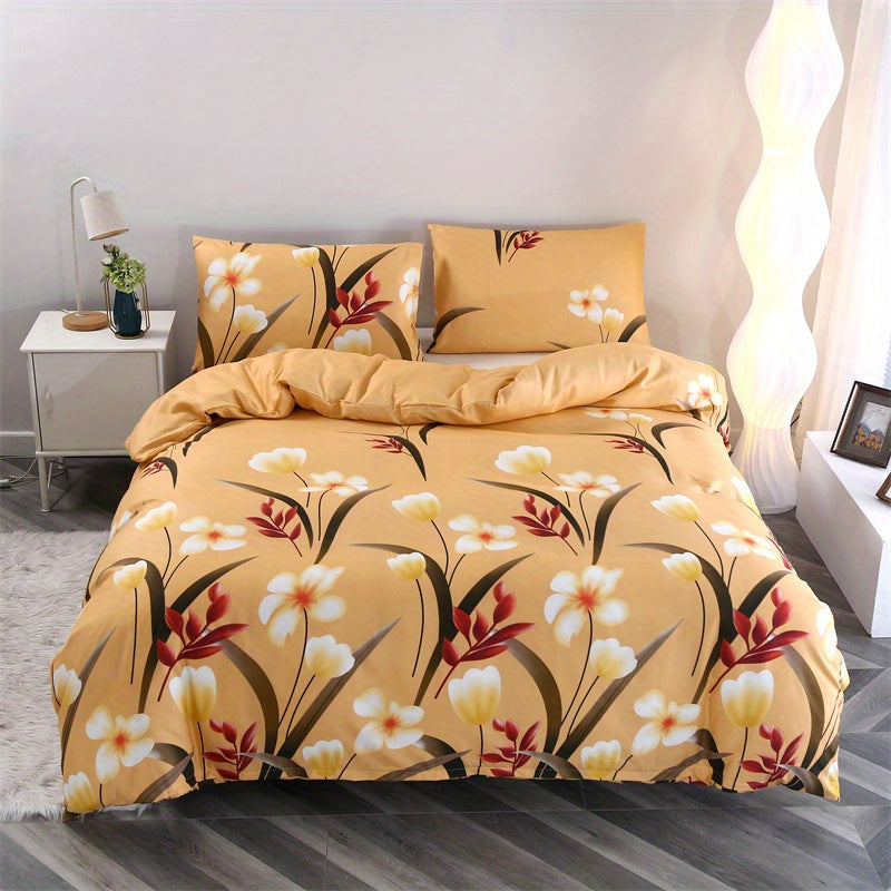 3-teiliges Bettbezug-Set – Gebürstetes Polyester, Blumenmuster, Hautfreundlich,