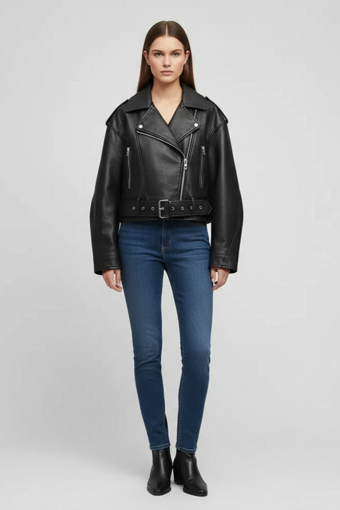 Zira | Damen Lederjacke Kurz Biker Stil Mit Gürtel