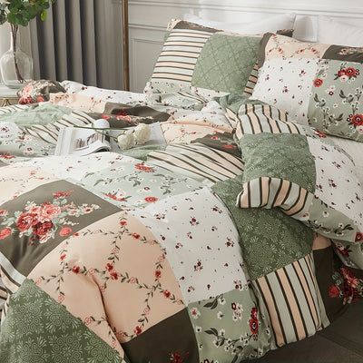 3-teiliges Bettwäsche Set – Kariertes Blumenmuster, Weich & Atmungsaktiv, Chemiefaser