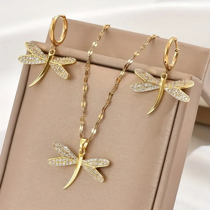 3-teiliges Goldenes Dragonfly Zirconia Schmuckset für Paare