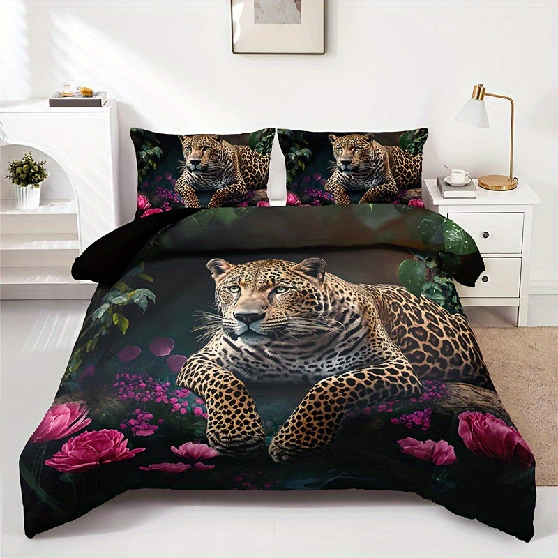 3-teiliges Leopard-Rosen-Bettwäsche-Set – Weiche Decke für Couch, Bett & Reisen