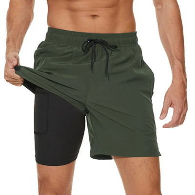 2-in-1-Shorts – zweilagige Herren-Badeshorts mit Kordelzug