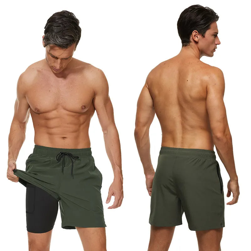 2-in-1-Shorts – zweilagige Herren-Badeshorts mit Kordelzug