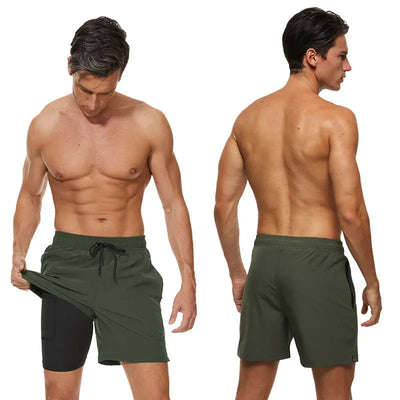 2-in-1-Shorts – zweilagige Herren-Badeshorts mit Kordelzug