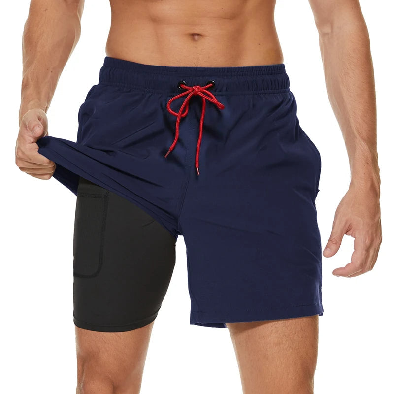 2-in-1-Shorts – zweilagige Herren-Badeshorts mit Kordelzug