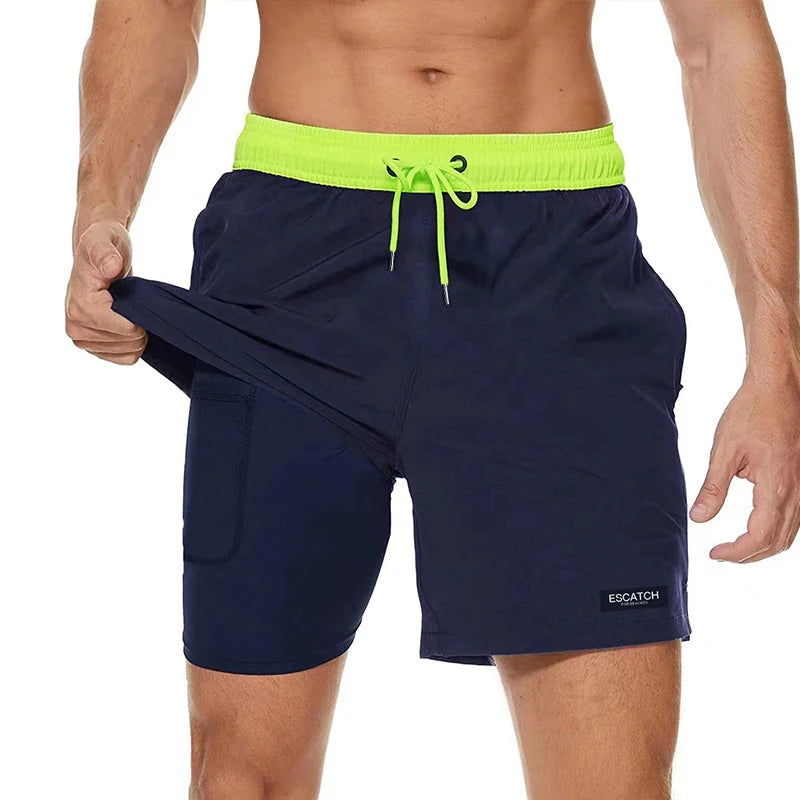 2-in-1-Shorts – zweilagige Herren-Badeshorts mit Kordelzug