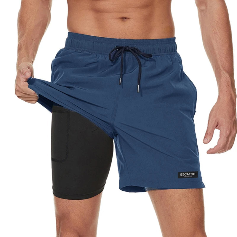 2-in-1-Shorts – zweilagige Herren-Badeshorts mit Kordelzug