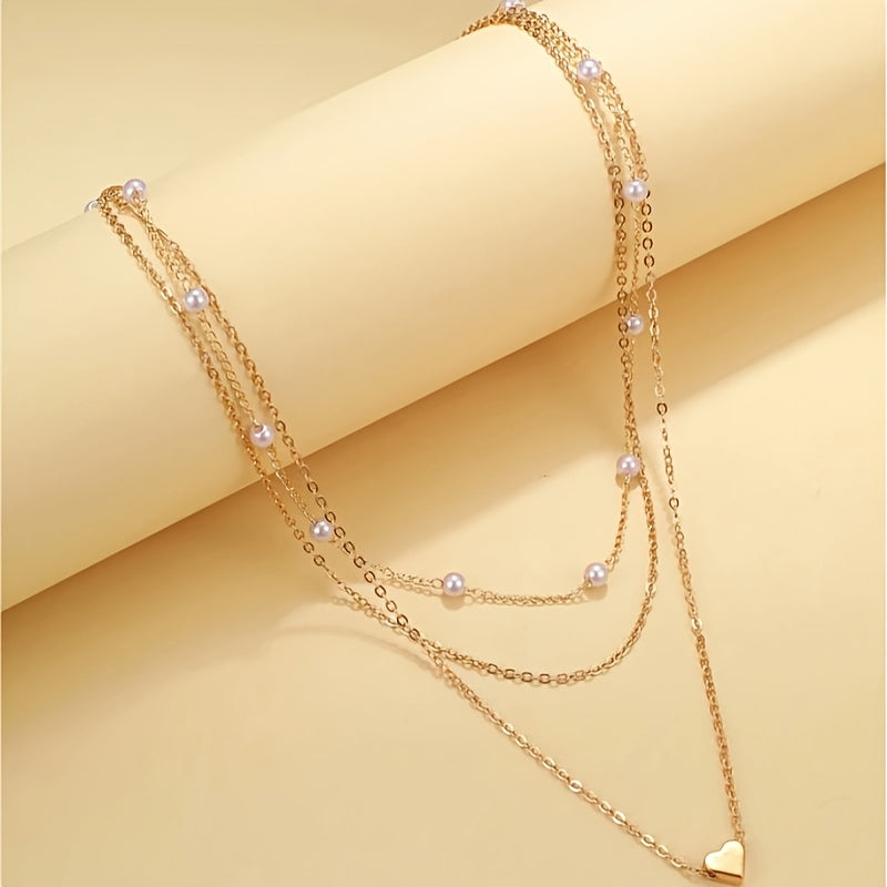 3pcs Herz Charme Faux Perle Halskette Set