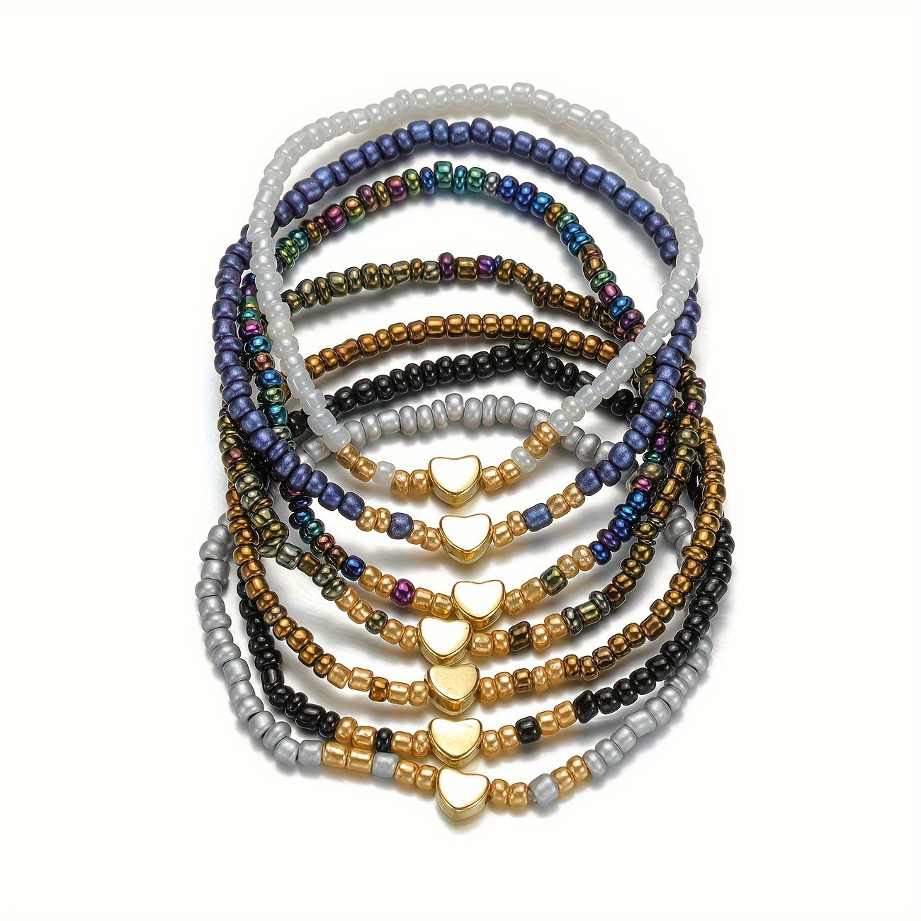 14er-Set Y2K Boho Herz & Harzperlen Armbänder – Stapelbar, Valentinstag Geschenk