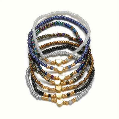 14er-Set Y2K Boho Herz & Harzperlen Armbänder – Stapelbar, Valentinstag Geschenk