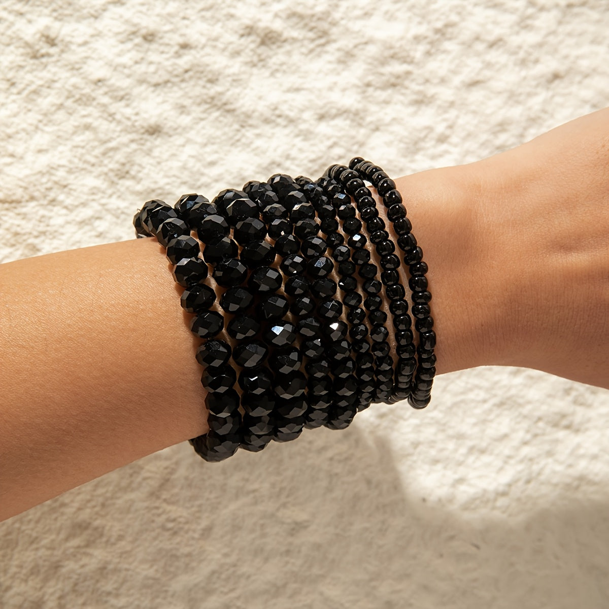 9er-Set Boho Schwarze Perlenharz Armbänder – Stretch, Für Alltag & Partys