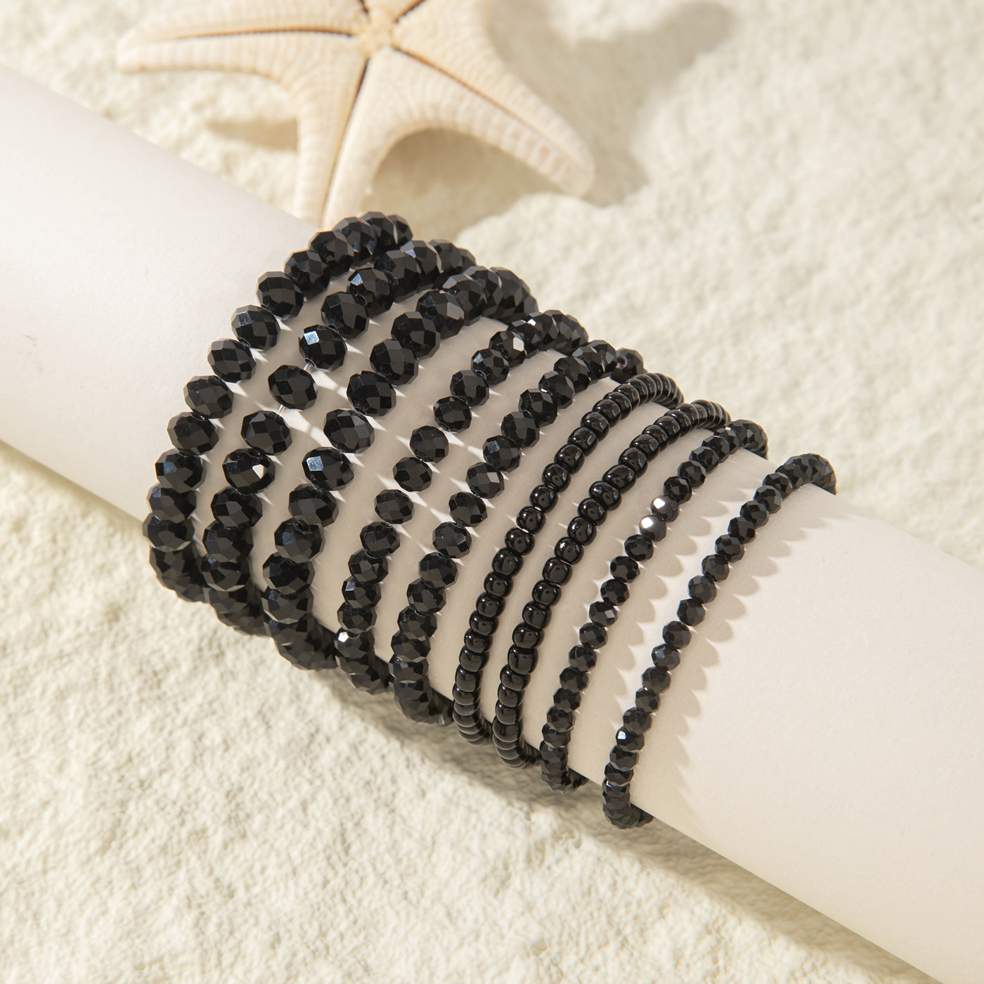 9er-Set Boho Schwarze Perlenharz Armbänder – Stretch, Für Alltag & Partys