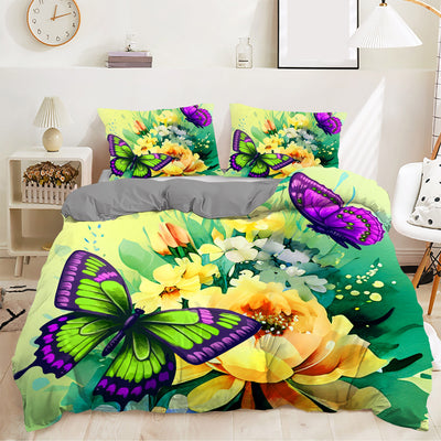 3-teiliges Bettwäsche-Set – Weicher Bettbezug mit Schmetterlings-Druck, Gebürstet