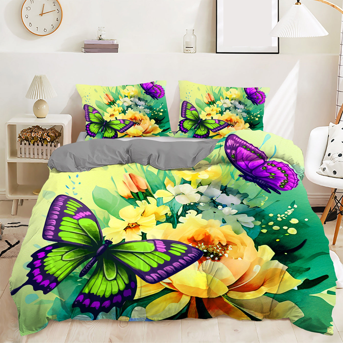 3-teiliges Bettwäsche-Set – Weicher Bettbezug mit Schmetterlings-Druck, Gebürstet