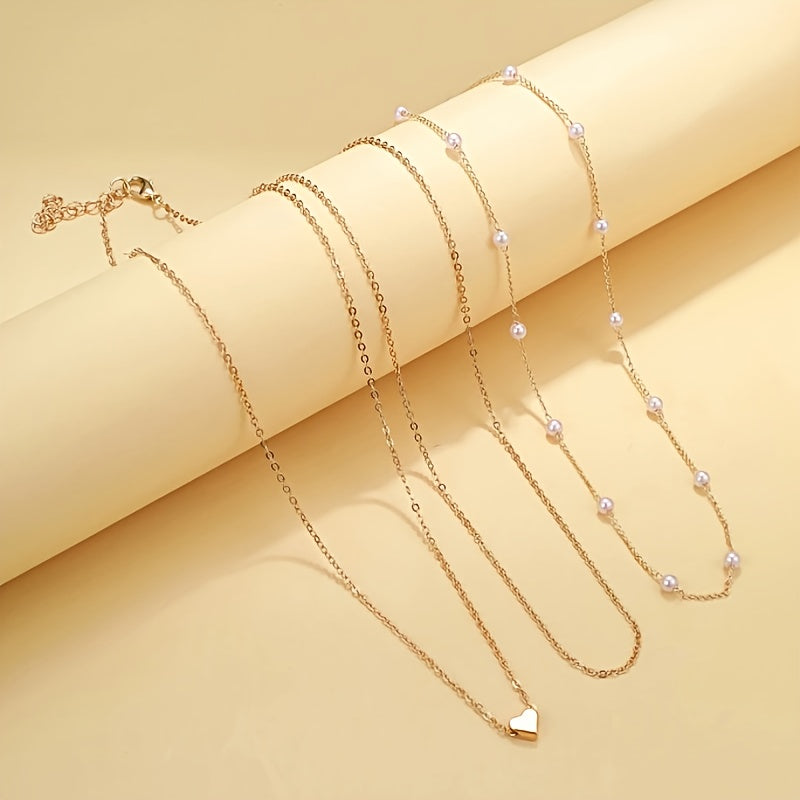 3pcs Herz Charme Faux Perle Halskette Set