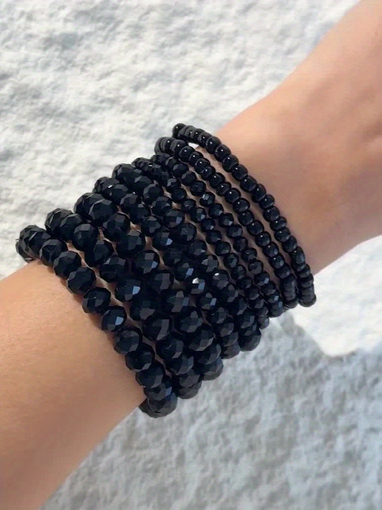 9er-Set Boho Schwarze Perlenharz Armbänder – Stretch, Für Alltag & Partys