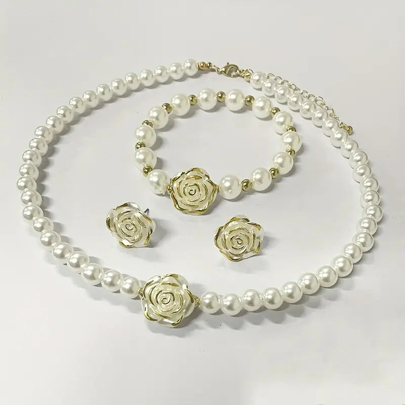 3-teiliges Camellia Perlen Halskette, Armband & Ohrring Satz