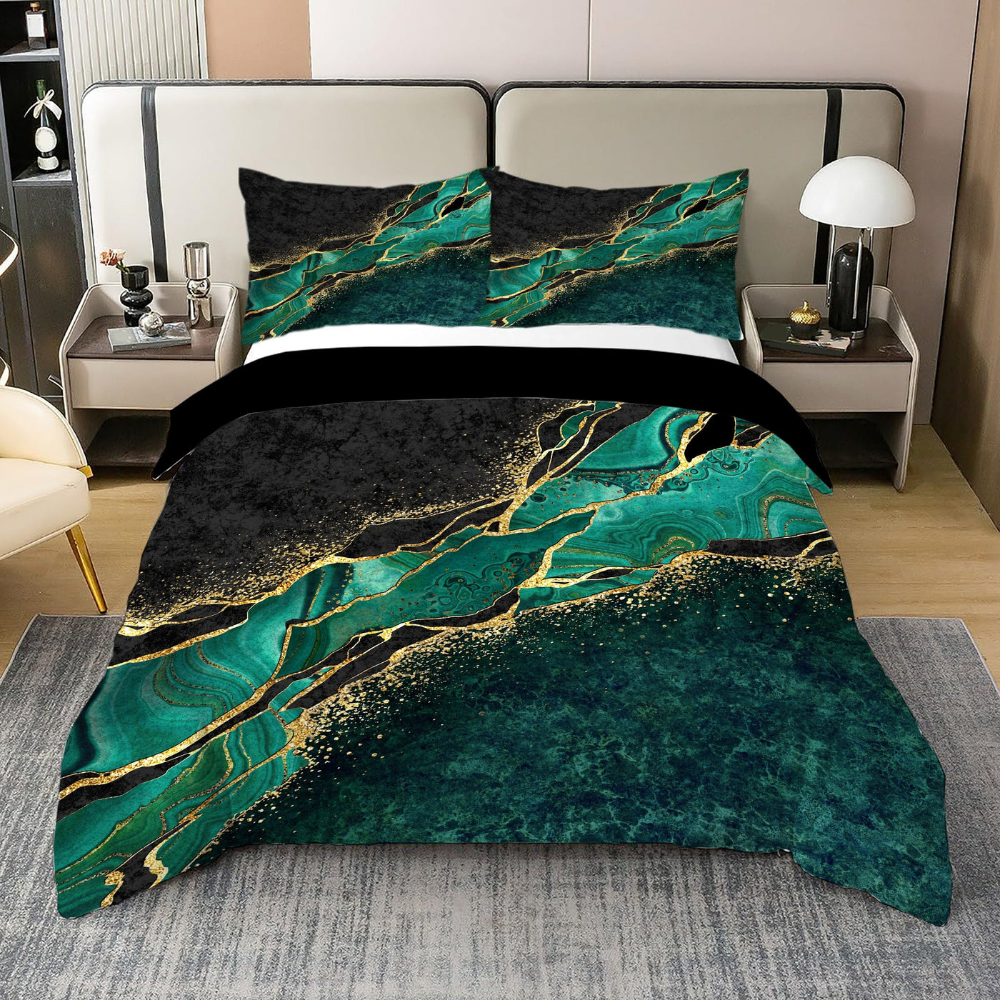 2-teiliges Bettwäsche-Set mit Grün-Goldenem Marmor, Weich & Bequem