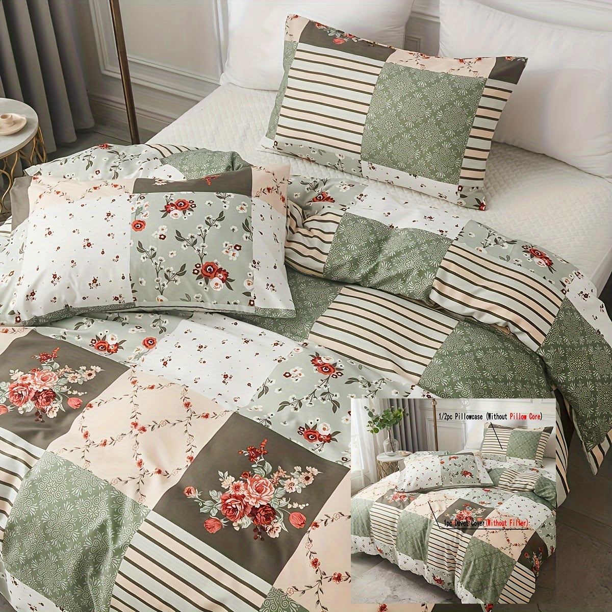 3-teiliges Bettwäsche Set – Kariertes Blumenmuster, Weich & Atmungsaktiv, Chemiefaser