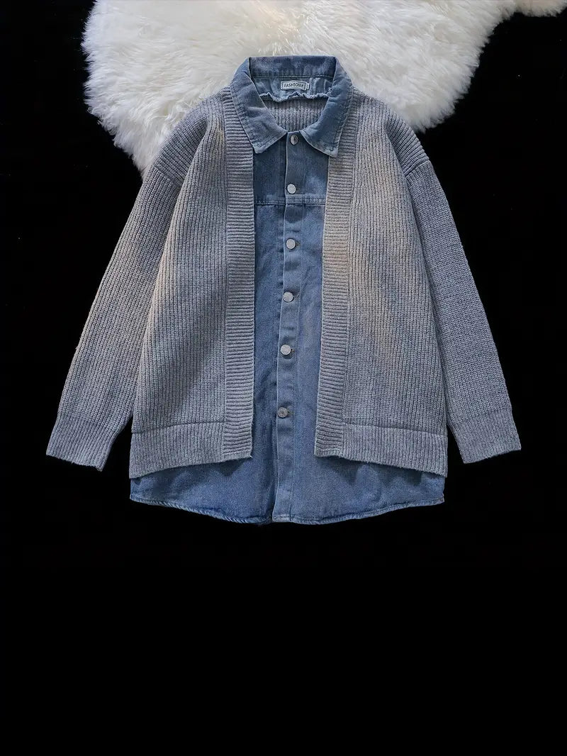 Willam - Herren-Strickjacke mit zweiteiligem Denim-Imitat-Design