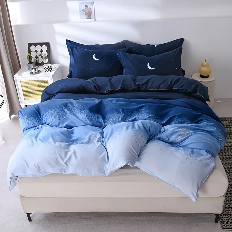 3-teiliges Bettwäsche-Set mit Monddruck Nachthimmel