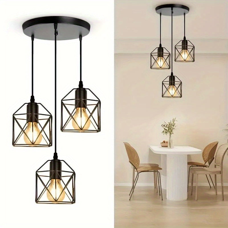 3-Lichter Pendelleuchte Vintage Industrie, Schwarze Geometrie, E27 für Küche