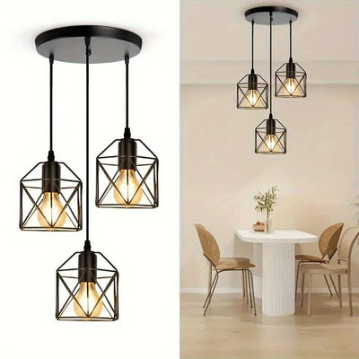 3-Lichter Pendelleuchte Vintage Industrie, Schwarze Geometrie, E27 für Küche