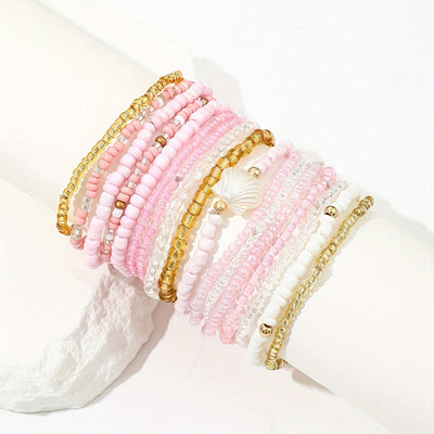 17-teiliges Boho Perlenarmband-Set – Muschel & Reisdesign für Sommerpartys