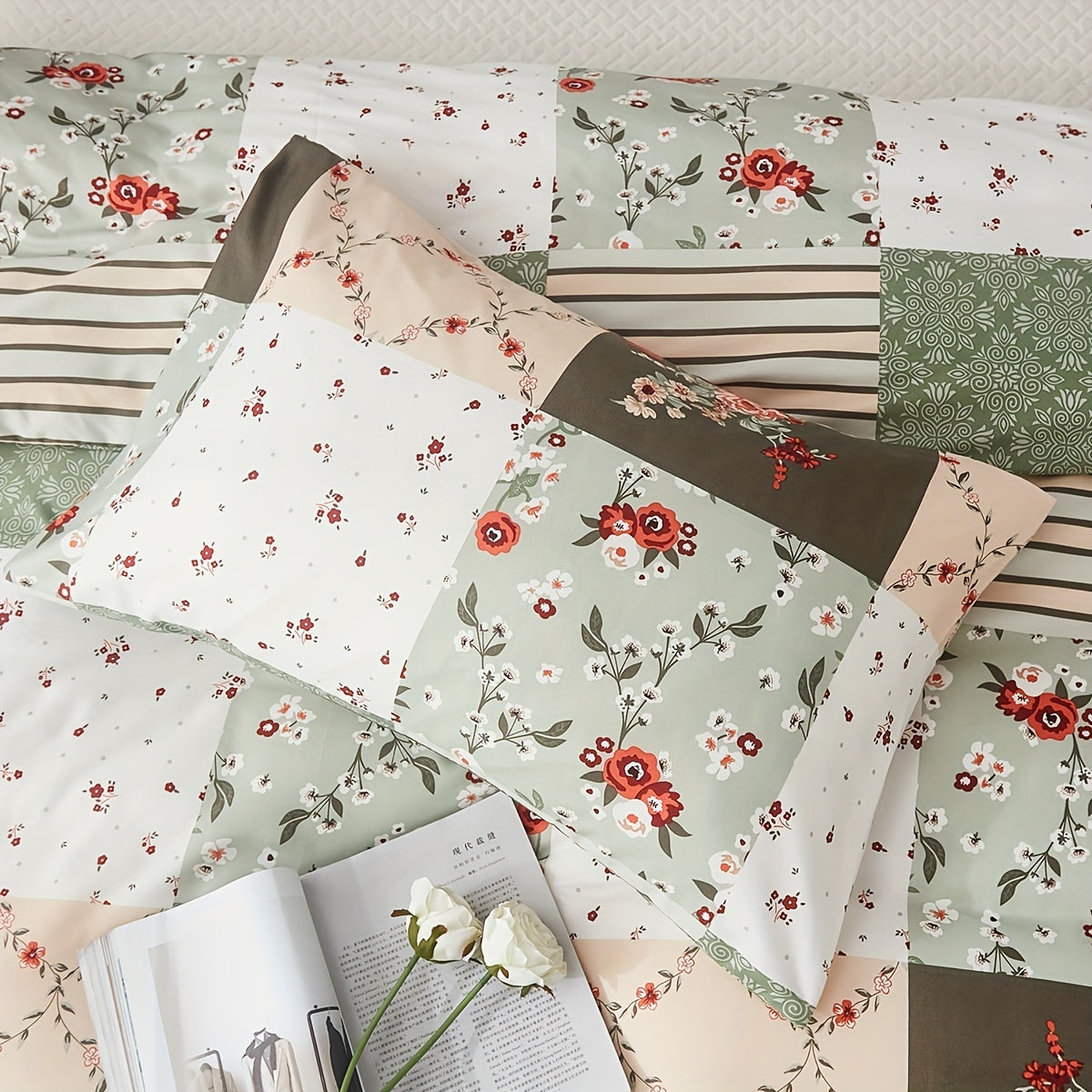 3-teiliges Bettwäsche Set – Kariertes Blumenmuster, Weich & Atmungsaktiv, Chemiefaser