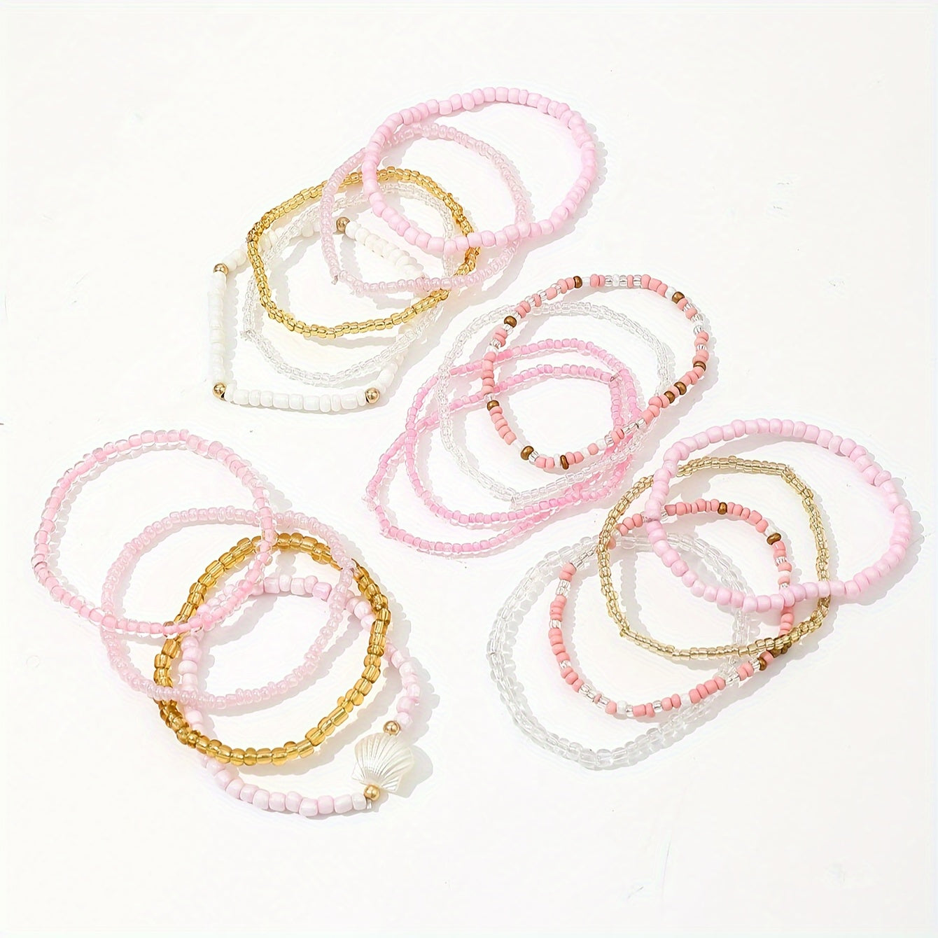 17-teiliges Boho Perlenarmband-Set – Muschel & Reisdesign für Sommerpartys