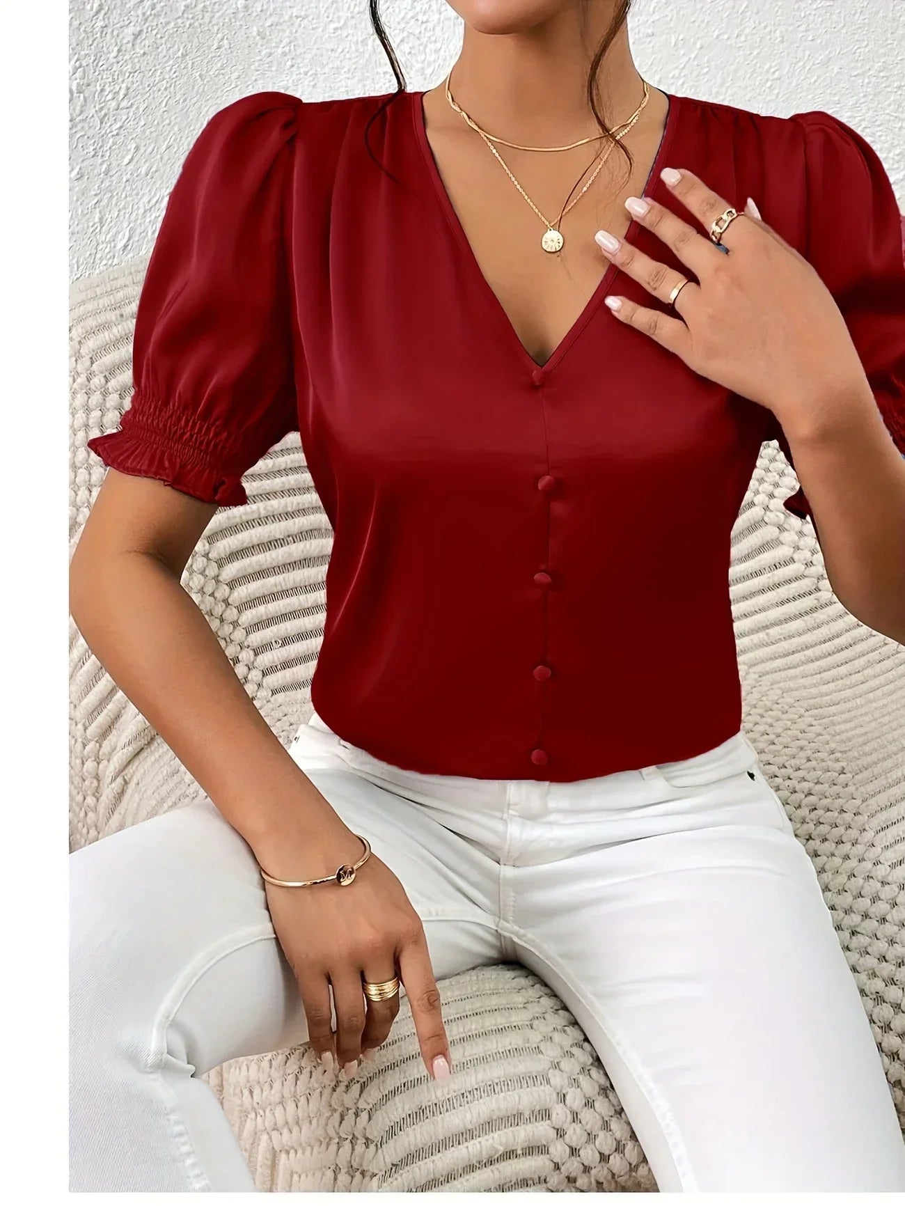 Abella – Elegante Bluse Mit V-Ausschnitt Und Puffärmeln