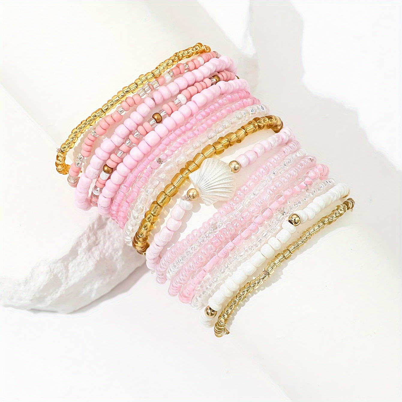 17-teiliges Boho Perlenarmband-Set – Muschel & Reisdesign für Sommerpartys