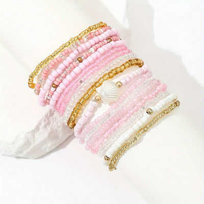 17-teiliges Boho Perlenarmband-Set – Muschel & Reisdesign für Sommerpartys