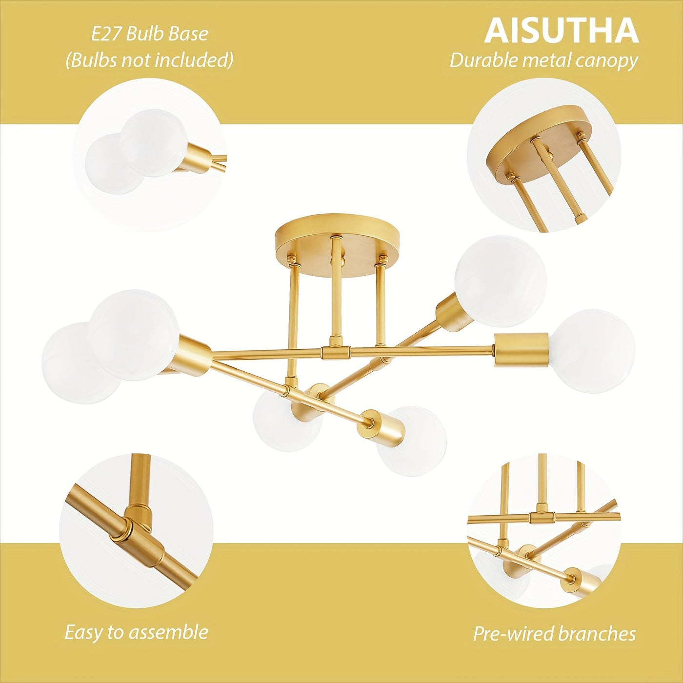 6-flammiger Kronleuchter Schwarz-Gold, Minimalistisches Design für Küche