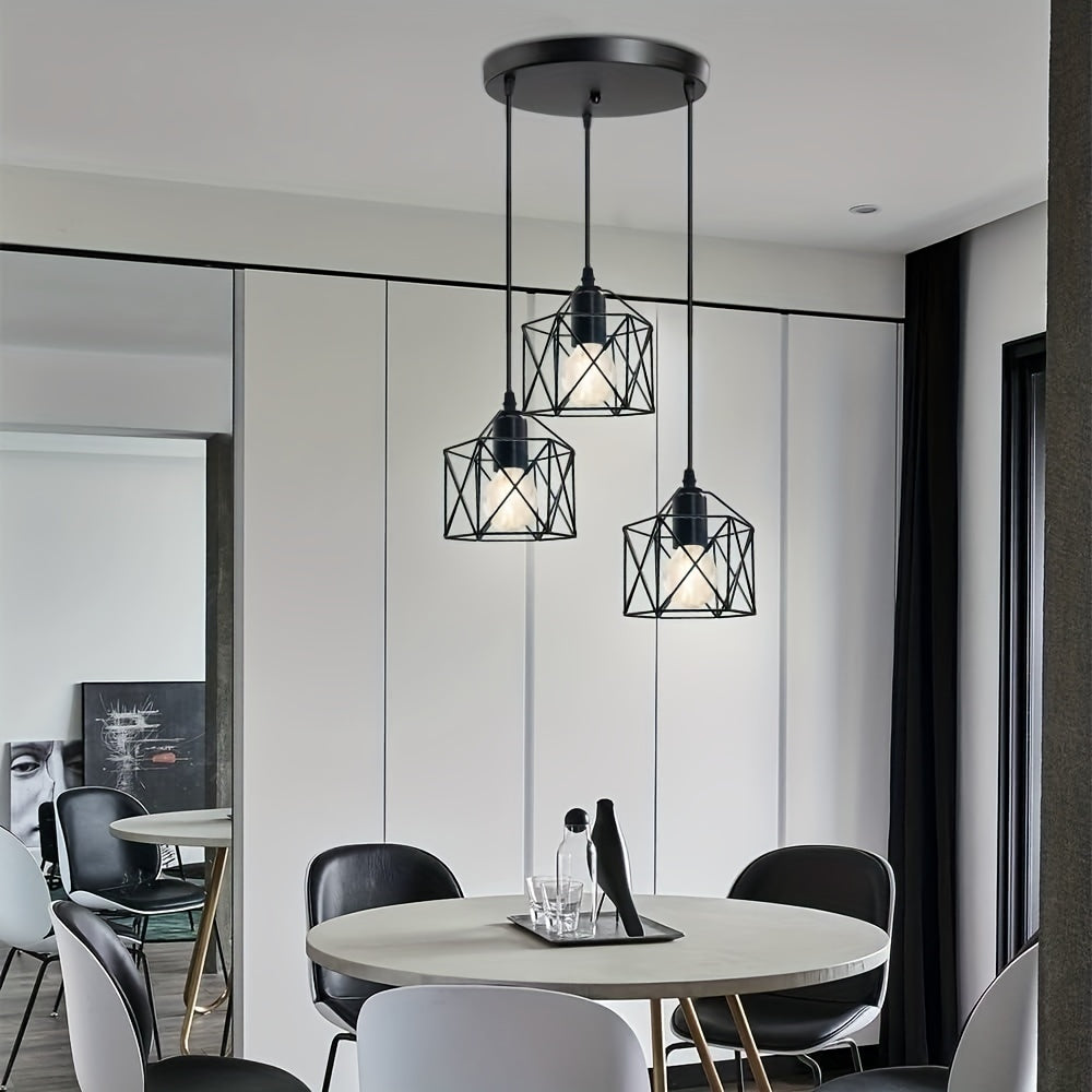 3-Lichter Pendelleuchte Vintage Industrie, Schwarze Geometrie, E27 für Küche