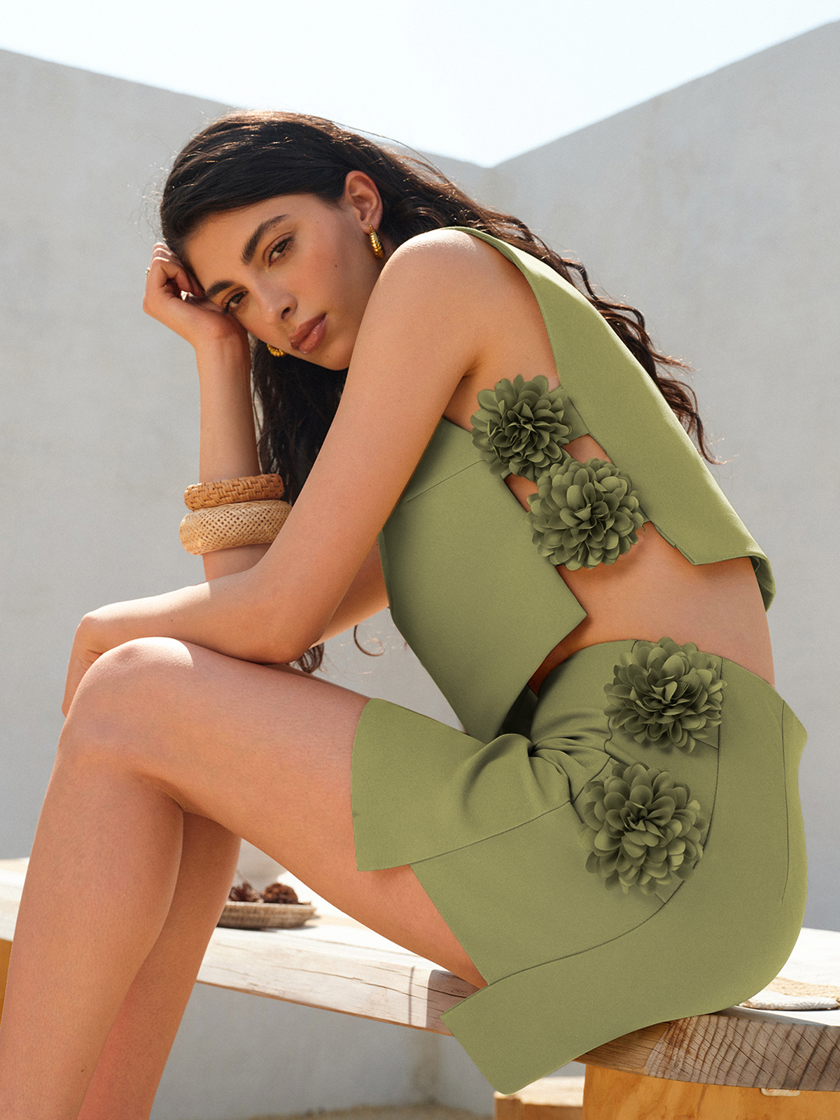 3D-Blumen Rock-Set aus veganem Leder – Sommer Co-Ord Outfit