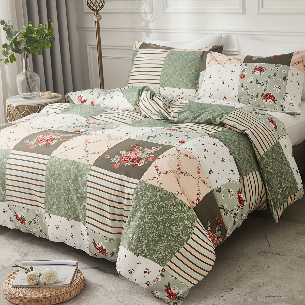 3-teiliges Bettwäsche Set – Kariertes Blumenmuster, Weich & Atmungsaktiv, Chemiefaser