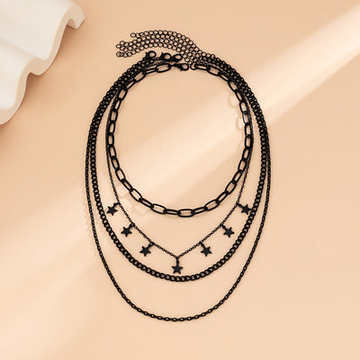 4-teiliges Gothic Schwarzes Stern Anhänger Quasten Halskette Set